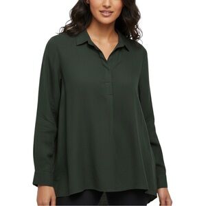 Uniqlo Olive Forest Green Poplin Cotton Popover Top Collared Blouse Size Large